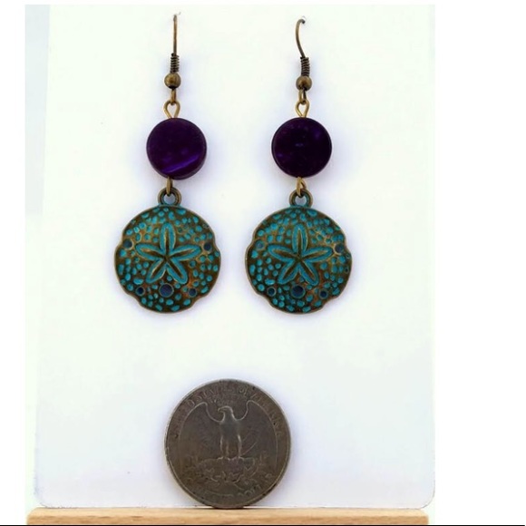🆕 “Sand Dollar” Brass Patina/Purple Earrings Gift - Picture 2 of 5